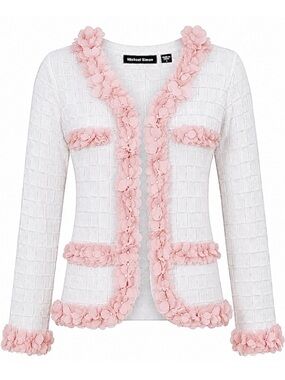 Michael Simon White Pink Floral Trim Basketweave Knit Cardigan Sweater S